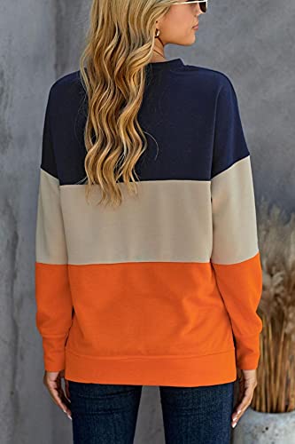 CNFUFEN Womens Fall Clothes Fashion Cute Long Sleeve Sweatshirt Color Block Striped O Neck Blouse Pullover Sweatshirts Tops Orange L