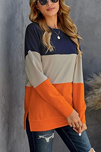 CNFUFEN Womens Fall Clothes Fashion Cute Long Sleeve Sweatshirt Color Block Striped O Neck Blouse Pullover Sweatshirts Tops Orange L
