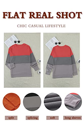 CNFUFEN Womens Fall Clothes Fashion Cute Long Sleeve Sweatshirt Color Block Striped O Neck Blouse Pullover Sweatshirts Tops Orange L