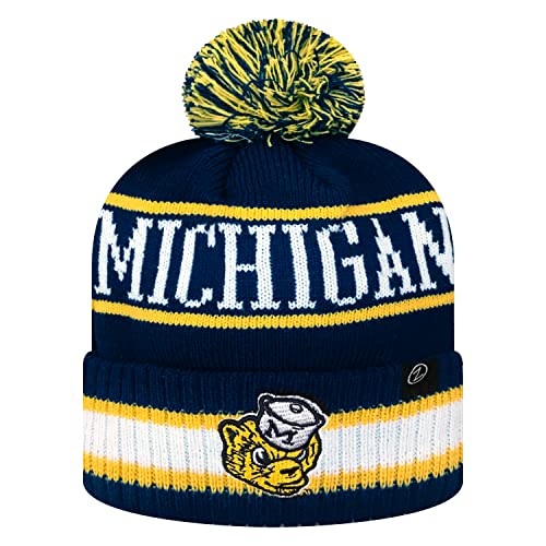 Zephyr NCAA Team Color-Retro Logo -Cuffed Knit Skully Beanie Pom Hat-Michigan Wolverines-One Size Fits Most