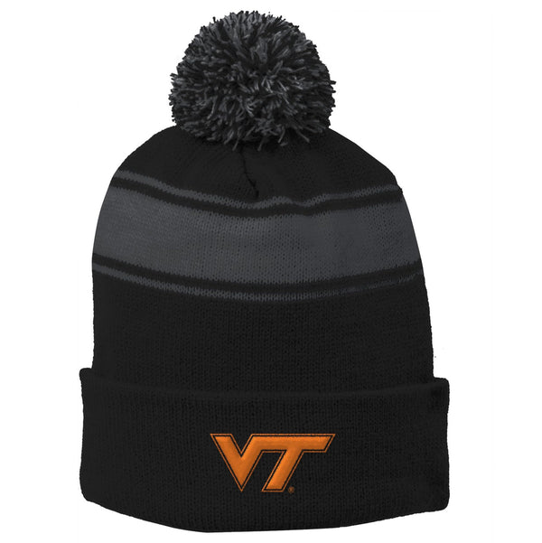 UGP Campus Apparel - BN508 - Virginia Tech Hokies Primary Logo - Sport Team Stripe Pom Pom Beanie - One Size - Black/Iron Grey