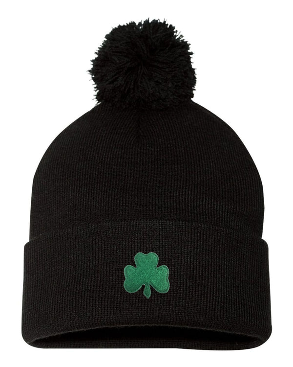 Go All Out One Size Black Pom Shamrock St. Patrick's Day Embroidered Knit Beanie Pom Cap