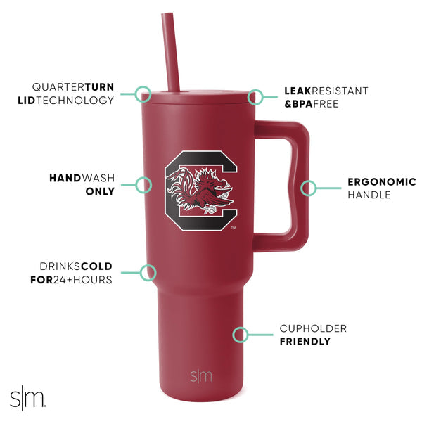 Simple Modern Officially Licensed Collegiate South Carolina Fighting Gamecocks 40oz Tumbler with Handle & Straw Lid | NCAA Football Gift for Men