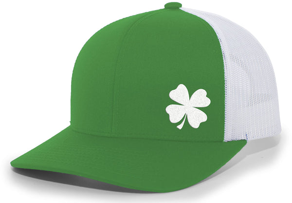 Men's Lucky Clover Shamrock Off-Center Embroidered Golf Mesh Back Trucker Hat