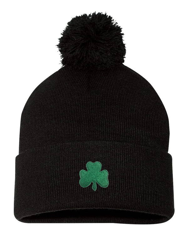Go All Out One Size Black Pom Shamrock St. Patrick's Day Embroidered Knit Beanie Pom Cap